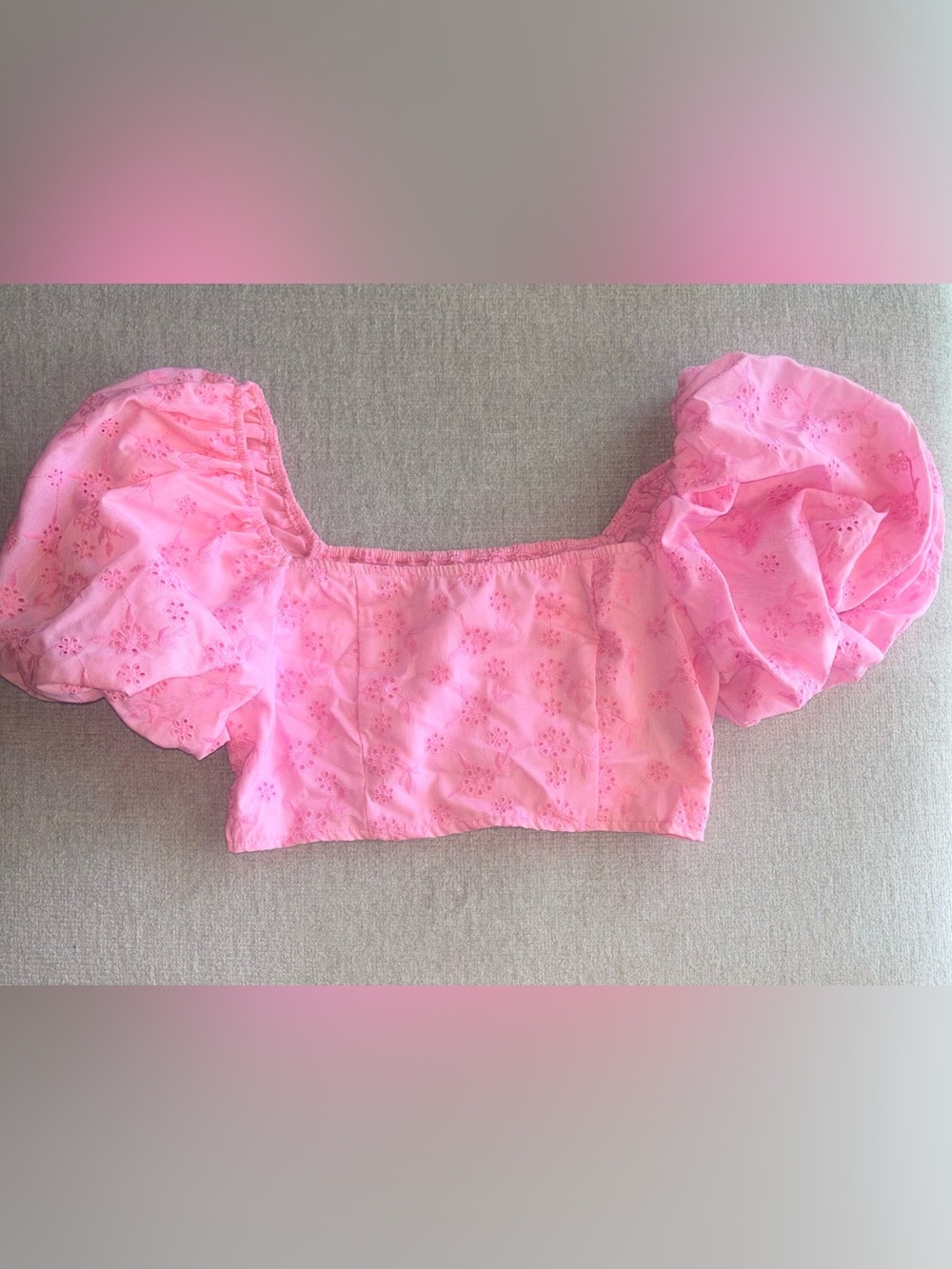 SHEIN MOD Pink Eyelet Puff Sleeve Crop Top Coquette Barbiecore Milkmaid Top